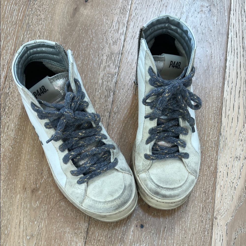 P448 White High-Tops with Glittery Gray Laces